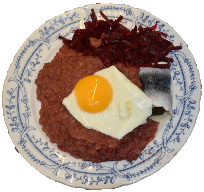 Und so sah das Ergebnis unserer Anstrengungen aus: Traditionelles Hamburger Labskaus mit Rollmops, Rote Beete Salat und Spiegelei